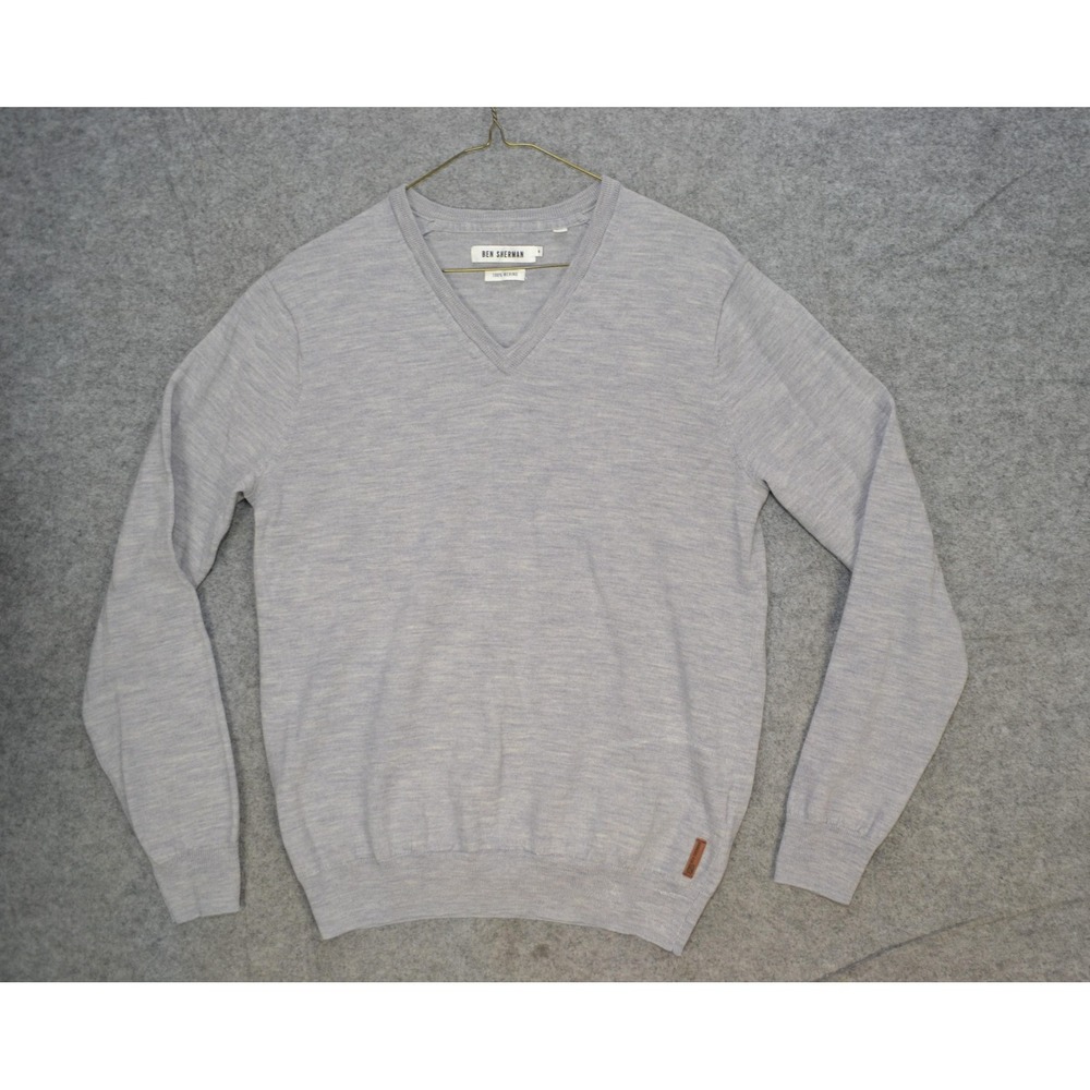 Ben Sherman Sweater Mens‎ M Gray Merino Wool V Neck Pullover Lightweight Knit